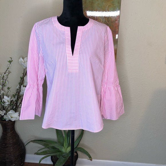 J. Crew Poplin Pink White Striped Bell-sleeve Top - Picture 2 of 8